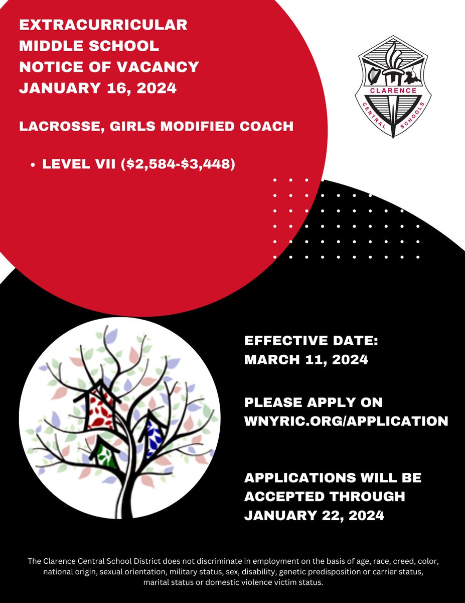 NOW HIRING: We are looking for a modified girls lacrosse coach. For more information about job opportunities in our district, visit clarenceschools.org/Page/3205. #ClarenceProud <a href="/ClarAthletics/">Clarence PE, Health & Athletics</a> <a href="/CHS_Devils/">CHS Red Devils</a> <a href="/ClarenceMiddle/">ClarenceMiddleSchool</a>