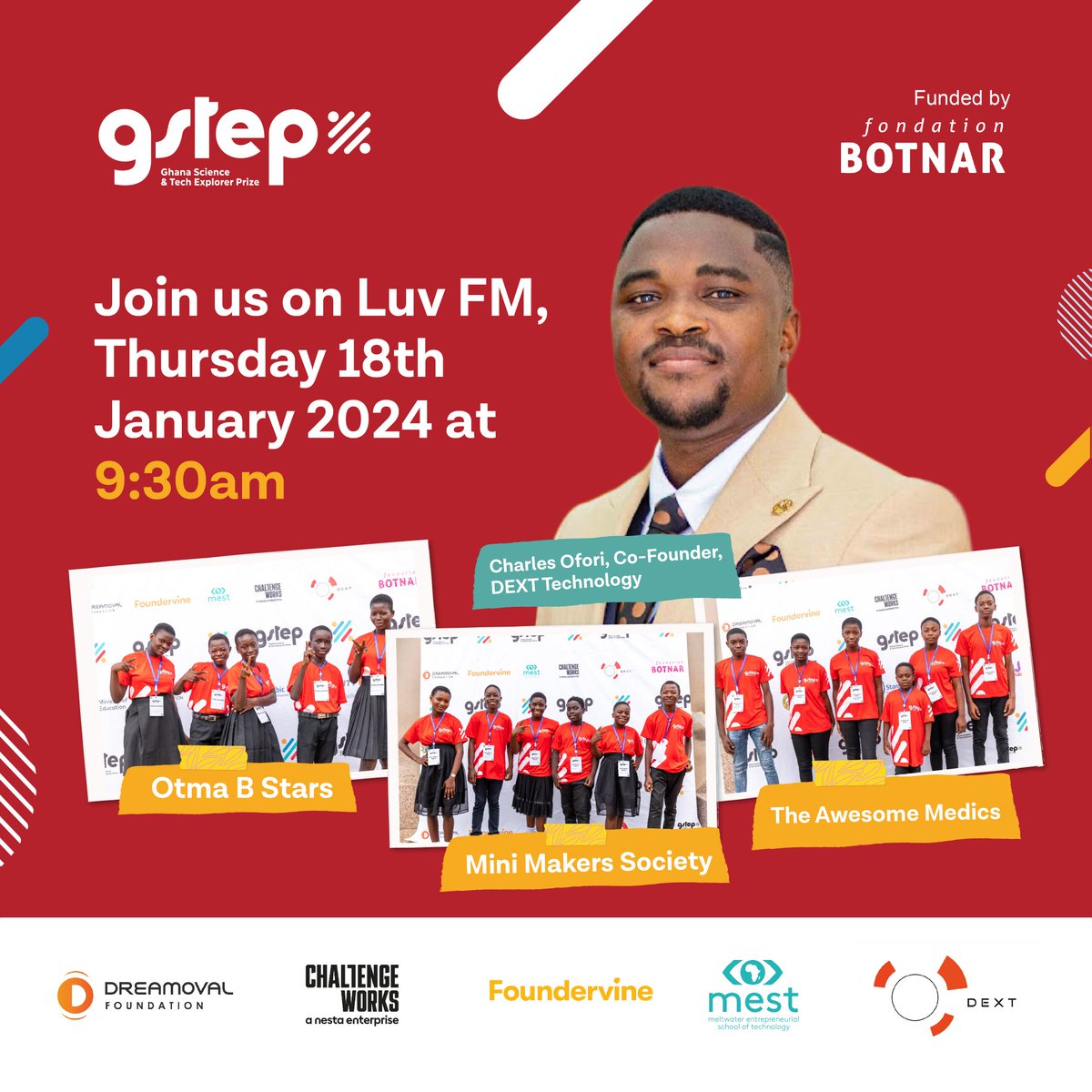 Foundation_DO's tweet photo. Tune in to Luv FM tomorrow at 9:30am sharp as the co-founder of DEXT Technology,Mr.Charles Ofori and three of our Ashanti Regional Finalist Teams discuss their GSTEP journey,its impact and the way forward for them in STEM

#GSTEPChallenge #STEM #BeSTEMPowered https://t.co/y9GtoR77Gx