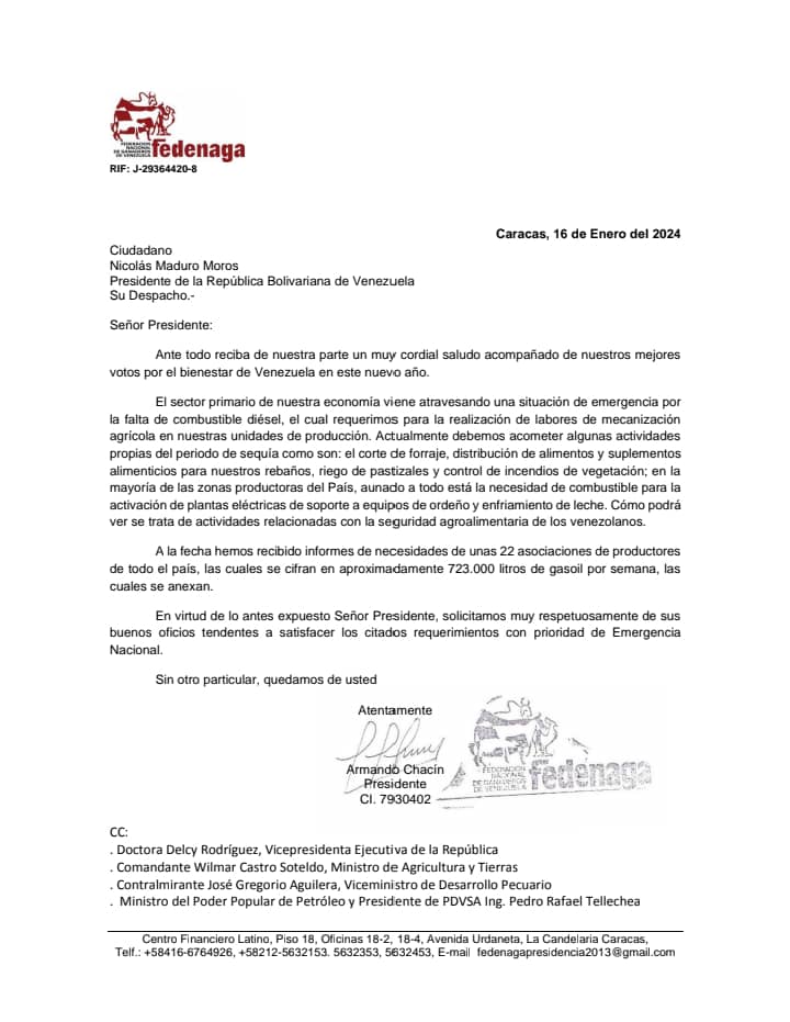 Comunicado público de <a href="/Fedenaga/">FEDENAGA</a> dirigido al Presidente de la República Bolivariana de #Venezuela <a href="/NicolasMaduro/">Nicolás Maduro</a> ante la escasez de combustible #Diesel en el campo nacional.

#ElCampoEsLaSolución #FedenagaSomosTodos #Fedenaga #Campo #Leche #Carne #Queso #Alimentos #Diesel
