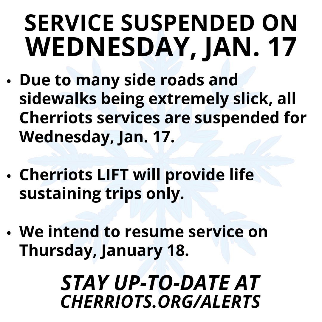 Cherriots's tweet photo. Due to many side roads and sidewalks being extremely slick, all Cherriots services are suspended for Wed, Jan 17.
Cherriots LIFT will provide life sustaining trips only.
We intend to resume service on Thur, Jan 18.
#SalemOregon #SalemOR #KeizerOregon #KeizerOR https://t.co/9YKHojd04x