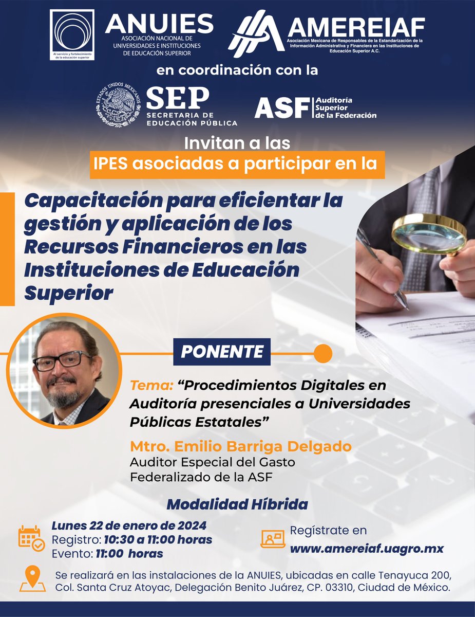 amereiaf's tweet photo. Tema: “Procedimientos Digitales en Auditorías presenciales a Universidades Públicas Estatales”.
Ponente: @barrigae, Auditor Especial del Gasto Federalizado de la @ASF_Mexico.
Lunes 22 de enero de 2024, 10 horas.
Regístrate en https://t.co/OJWPlfjg5W
@ANUIES
#AMEREIAF https://t.co/CEmrc5P2xa