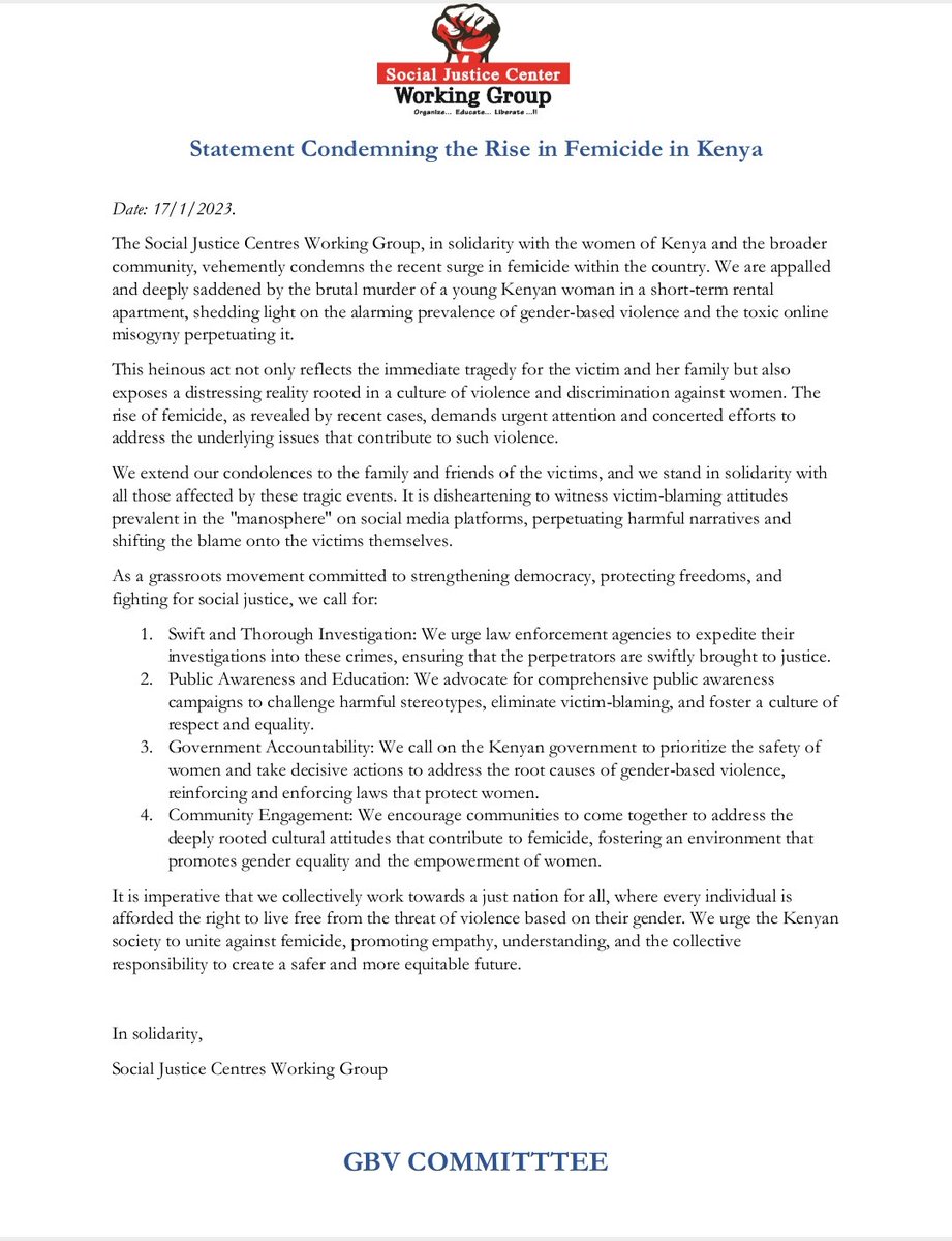 STATEMENT BY THE SOCIAL JUSTICE CENTER WORKING GROUP CONDEMNING THE RISE IN FEMICIDE IN KENYA

socialjusticecentrewg.org/social-justice…