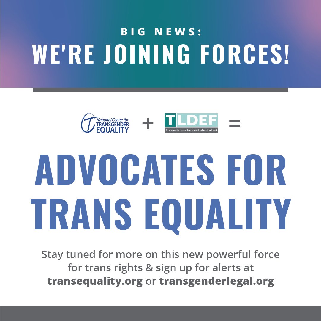 I'm thrilled to share that @TransEquality and @TLDEF are merging to create a new organization - Advocates for Trans Equality! With this powerful union, we're doubling down on our commitment to justice for trans rights.