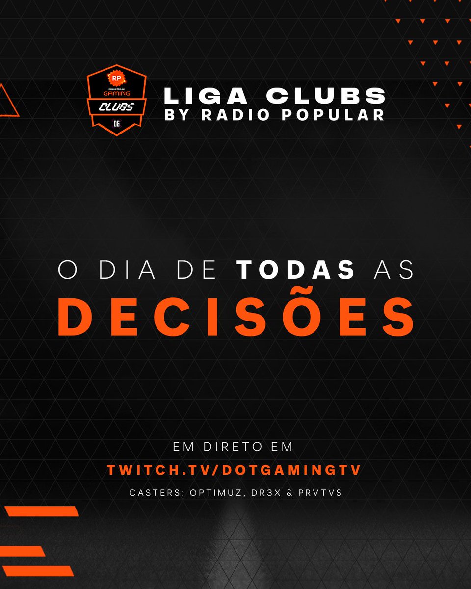 𝗣𝗥𝗘𝗣𝗔𝗥𝗘𝗠-𝗦𝗘! Esta noite fica tudo decidido! 🔥

A partir das 𝟮𝟭𝗛𝟬𝟬, estaremos a acompanhar todos os jogos que ainda têm impacto na Classificação Final da 𝗦𝗲𝗮𝘀𝗼𝗻 𝟭. 

Acompanha tudo em ➡ twitch.tv/dotgamingtv