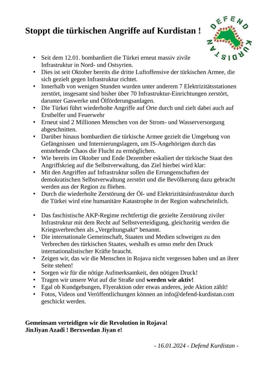 Defend_Kurd's tweet photo. Seit tagen greift die türkische Armee erneut massiv zivile Infrastruktur in Nord-Ostsyrien an.
Dabei wird gezielt die Bevölkerung angegriffen, doch die westliche Welt schweigt!
Brechen wir das Schweigen und tragen unsere Wut auf die Straße!
#DefendRojava !
#DefendKurdistan ! https://t.co/eQ3PqzM8LD