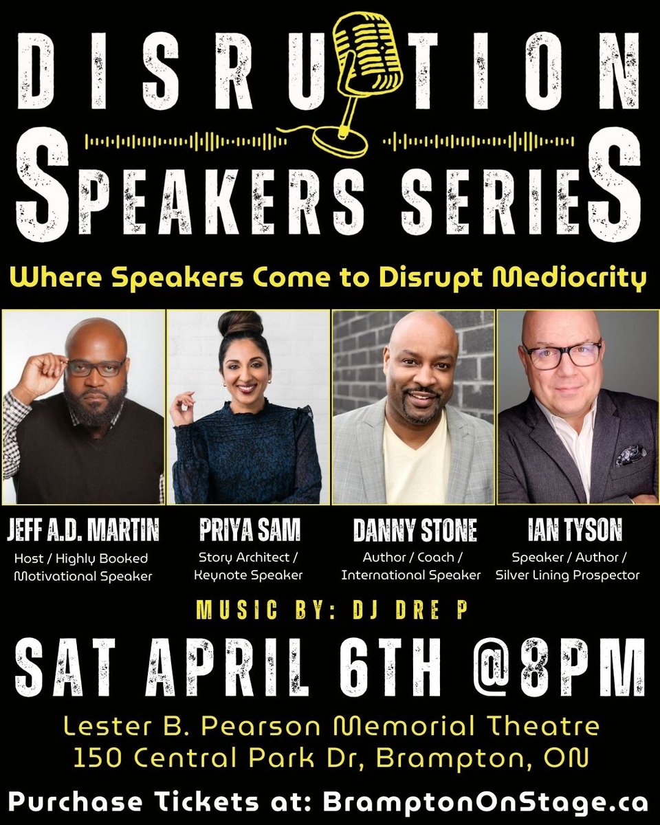 Jeff A.D. Martin (@jeffadmartin) on Twitter photo Disruption Speakers Series: Where some of the best speakers, coaches and innovators come to disrupt mediocrity!
If you've been stuck, tired or need to rediscover your purpose, then YOU DON'T WANT TO MISS THIS!
Tickets on sale now! <a href="/bramptononstage/">Brampton On Stage</a>
tickets.brampton.ca/Online/default… Disruption Speakers Series: Where some of the best speakers, coaches and innovators come to disrupt mediocrity!
If you've been stuck, tired or need to rediscover your purpose, then YOU DON'T WANT TO MISS THIS!
Tickets on sale now! <a href="/bramptononstage/">Brampton On Stage</a>
tickets.brampton.ca/Online/default…