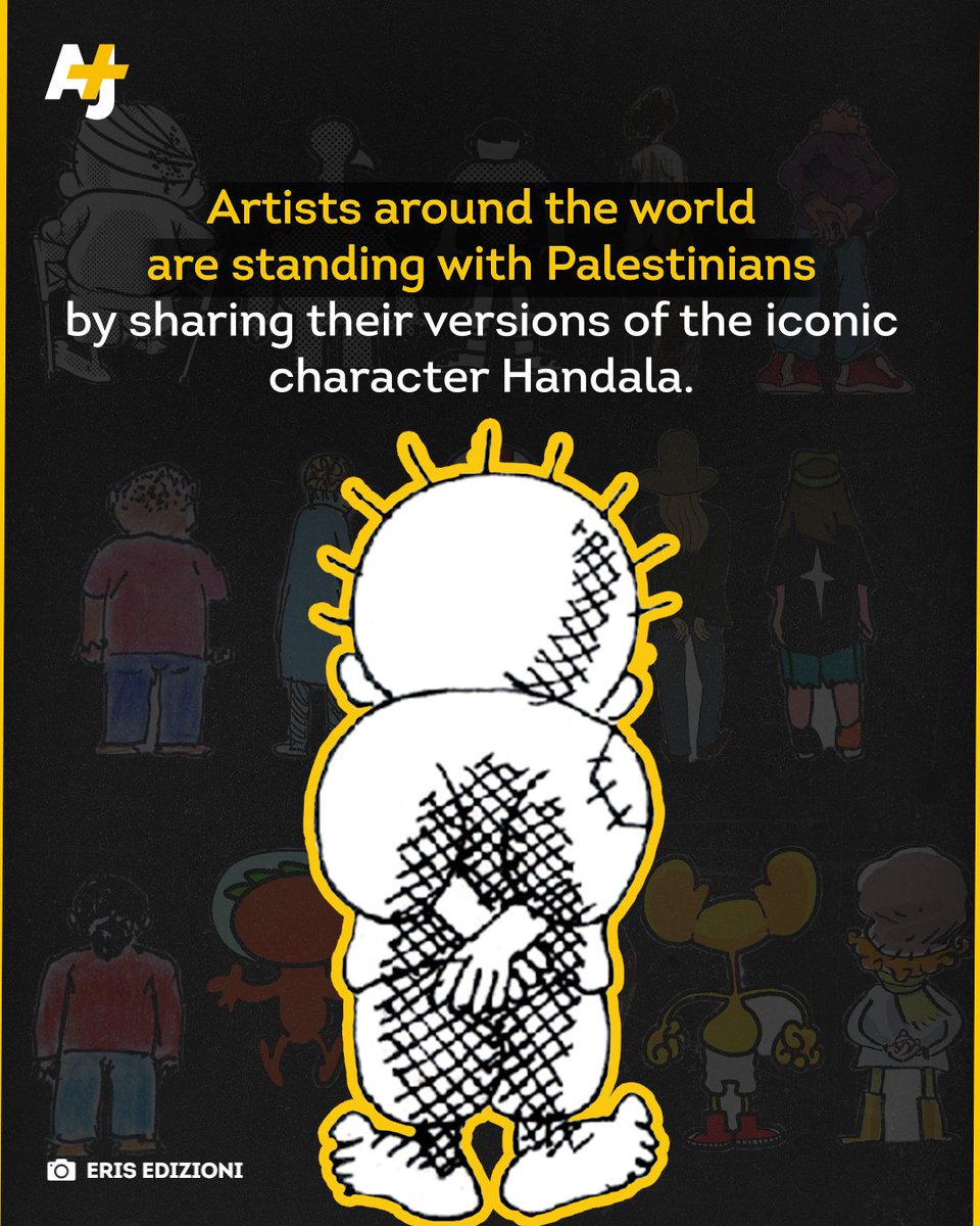 ajplus's tweet photo. Palestinian cartoonist Naji al-Ali created his iconic character, Handala, to symbolize the plight of Palestinian refugees in 1969.

Al-Ali always drew Handala with his back turned to the viewer to represent how the world had turned its back on the Palestinians. https://t.co/A8p3K0IF7n