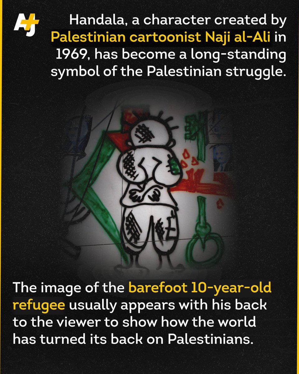 ajplus's tweet photo. Palestinian cartoonist Naji al-Ali created his iconic character, Handala, to symbolize the plight of Palestinian refugees in 1969.

Al-Ali always drew Handala with his back turned to the viewer to represent how the world had turned its back on the Palestinians. https://t.co/A8p3K0IF7n