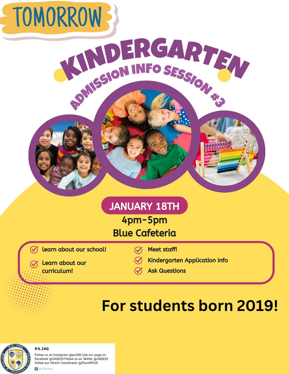Join us for our kindergarten info sessions tomorrow, 1/18/24! See the attached flyers for information!