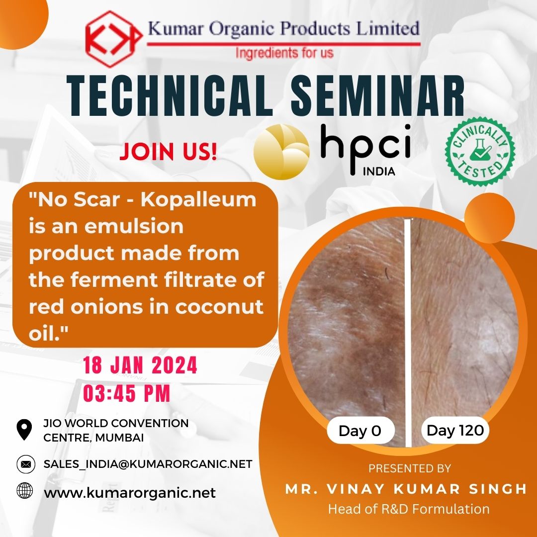 KumarOrganic's tweet photo. We eagerly anticipate your presence at the technical seminar during HPCI 2024, where our Head of Formulation will discuss KOPL's groundbreaking innovative ingredient, Kopalleum.  

https://t.co/qv0CSKxFWg 

#HPCI2024 #KOPL #Kopalleum #ScarHealing #InnovativeIngredients https://t.co/R3RnOeATx1