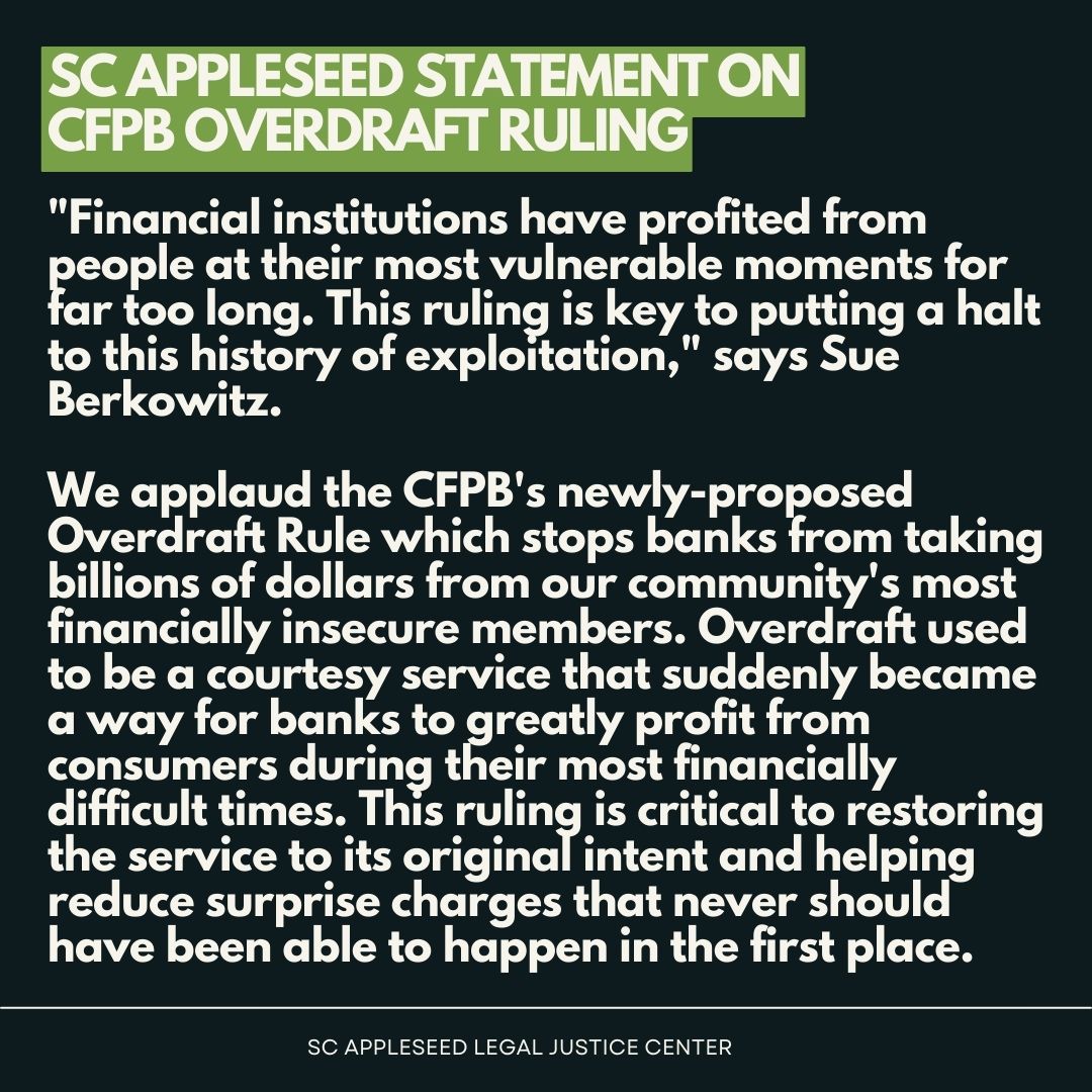 AppleseedSC's tweet image. Please see our statement about the @CFPB's new Overdraft Ruling. We applaud this ruling which aims to protect consumers, particularly when people are at their most vulnerable. 

See the CFPB's full comments here: consumerfinance.gov/about-us/newsr…

#ProtectConsumers #JunkFees #Overdraft