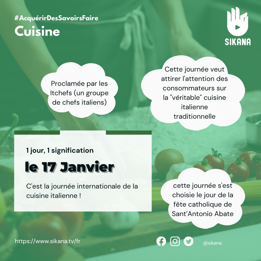 sikanaFR's tweet photo. 1 jour, 1 signification. 🧐

Aujourd'hui, mercredi 17 janvier, c'est la journée internationale de la cuisine italienne ! 😋

 📹 N’hésitez pas à retrouver notre playlist : https://t.co/YfCaygm7CD

Programme crée par SIKANA, ONG à but non lucratif
#cuisine #italie #repas https://t.co/BCri3ivzPR