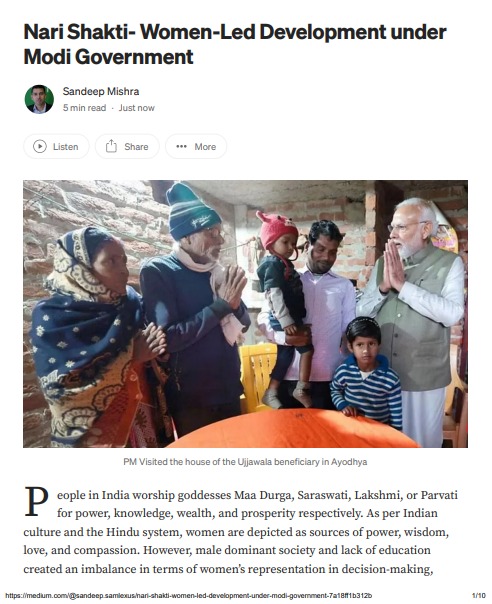 SandeepM_UN's tweet photo. My latest article on Nari Shakti- women led development under Modi government. (In Hindi soon)
@narendramodi @nsitharaman @TawdeVinod @samrat4bjp @myogiadityanath @Shehzad_Ind
@BJP4India @BJP4Bihar

#NariShakti #womenReservationBill
#UjjawalaYojana #PMAY #Jandhan

https://t.co/Zh4AGheeu6