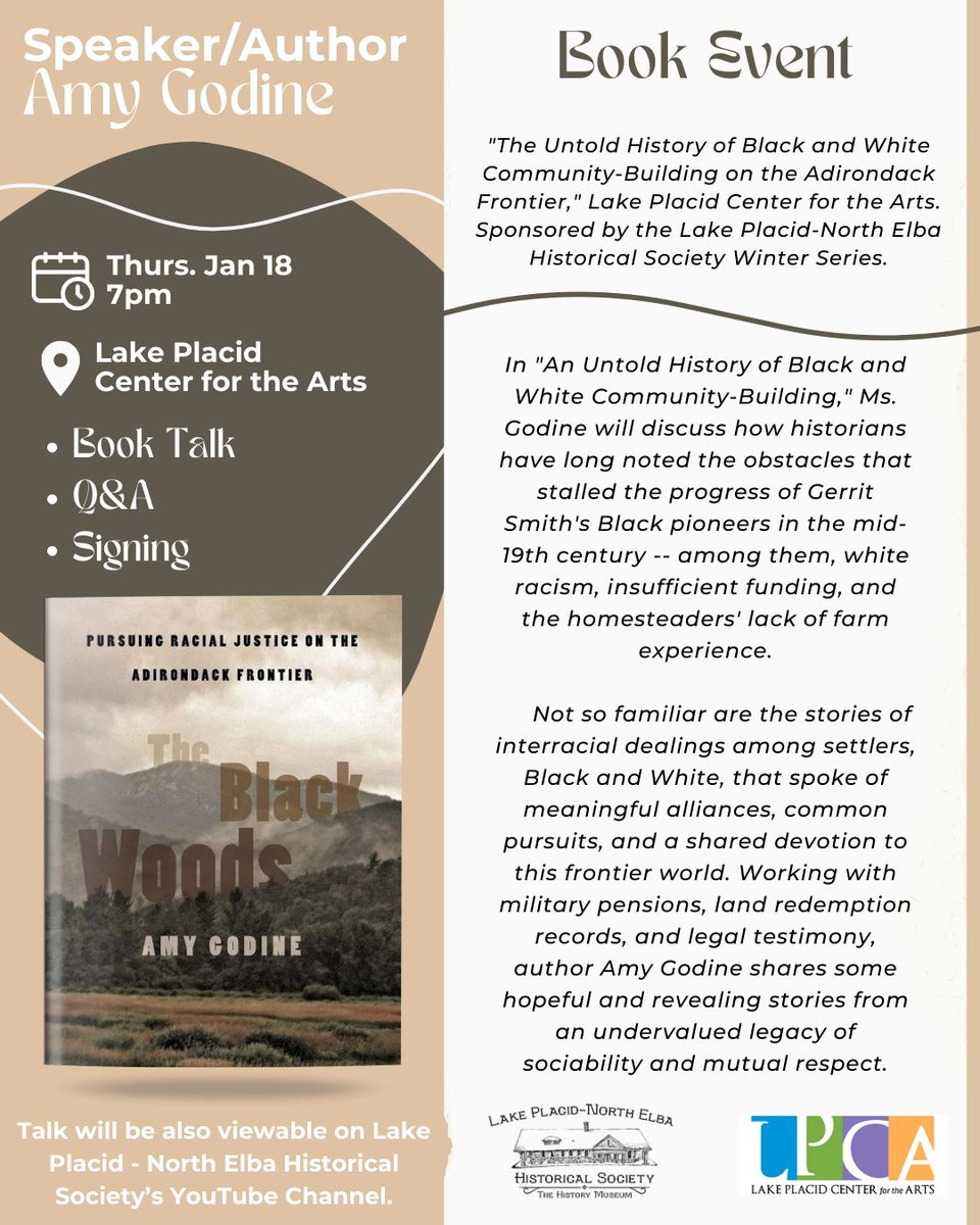 Have you been waiting to meet Amy Godine, Author of The Black Woods: Pursuing Racial Justice on the Adirondack Frontier? Well you can find her at LPCA tomorrow! 📚

Also viewable at Lake Placid-North Elba Historical Society's YouTube Channel! youtube.com/@DigitalMedia-…