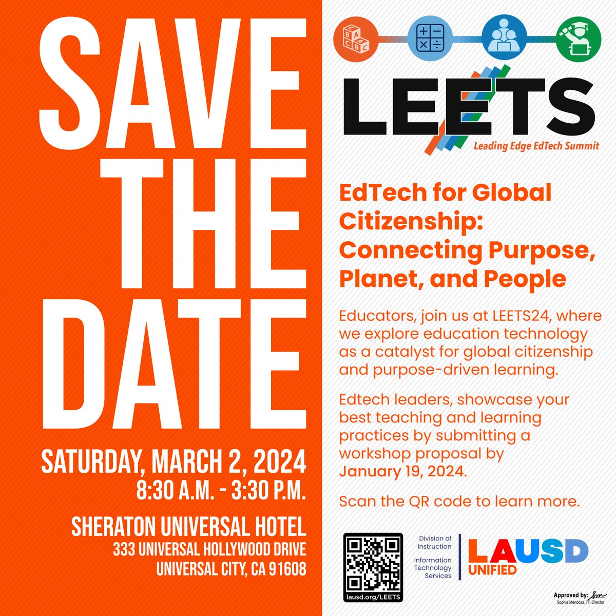 LAUSD_EdTech's tweet photo. SAVE THE DATE for #LEETS24, our annual signature event, Leading Edge EdTech Summit!
@LASchools, join us on March 2 as we explore edtech as a catalyst for global citizenship & purpose-driven learning!
#DigCitLA #CS4LAUSD #AcceleratingSuccess
More info at https://t.co/8tvw0YAgVY https://t.co/uzpNxuePIl