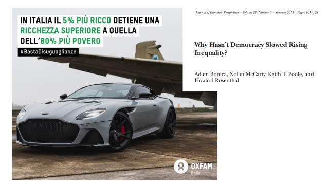 Il paper scientifico con il più bel titolo  che io conosca...

Una tassa dello 0,2% sui patrimoni netti sopra 5.5mln (0,1% popolazione) creerebbe un gettito di 12-15mld

Già, perchè la democrazia non ha ridotto le diseguaglianze ? 

Davos #diseguaglianza