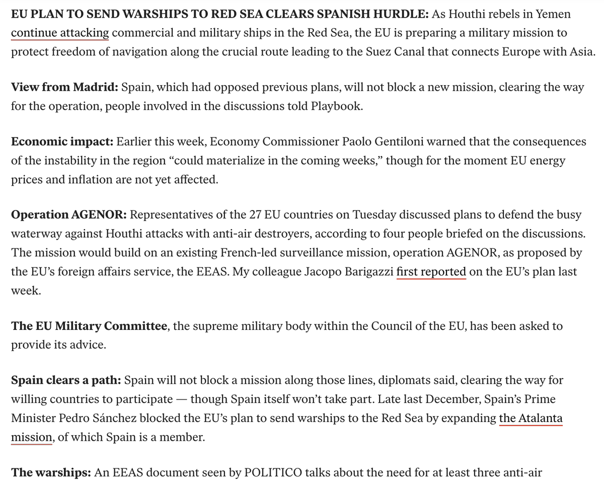 In December 🇪🇸 Spain blocked EU initiative to send warships to #RedSea.  

Now they are backtracking and greenlight deployment (although Spain will not be involved lol)

#OperationAGENOR