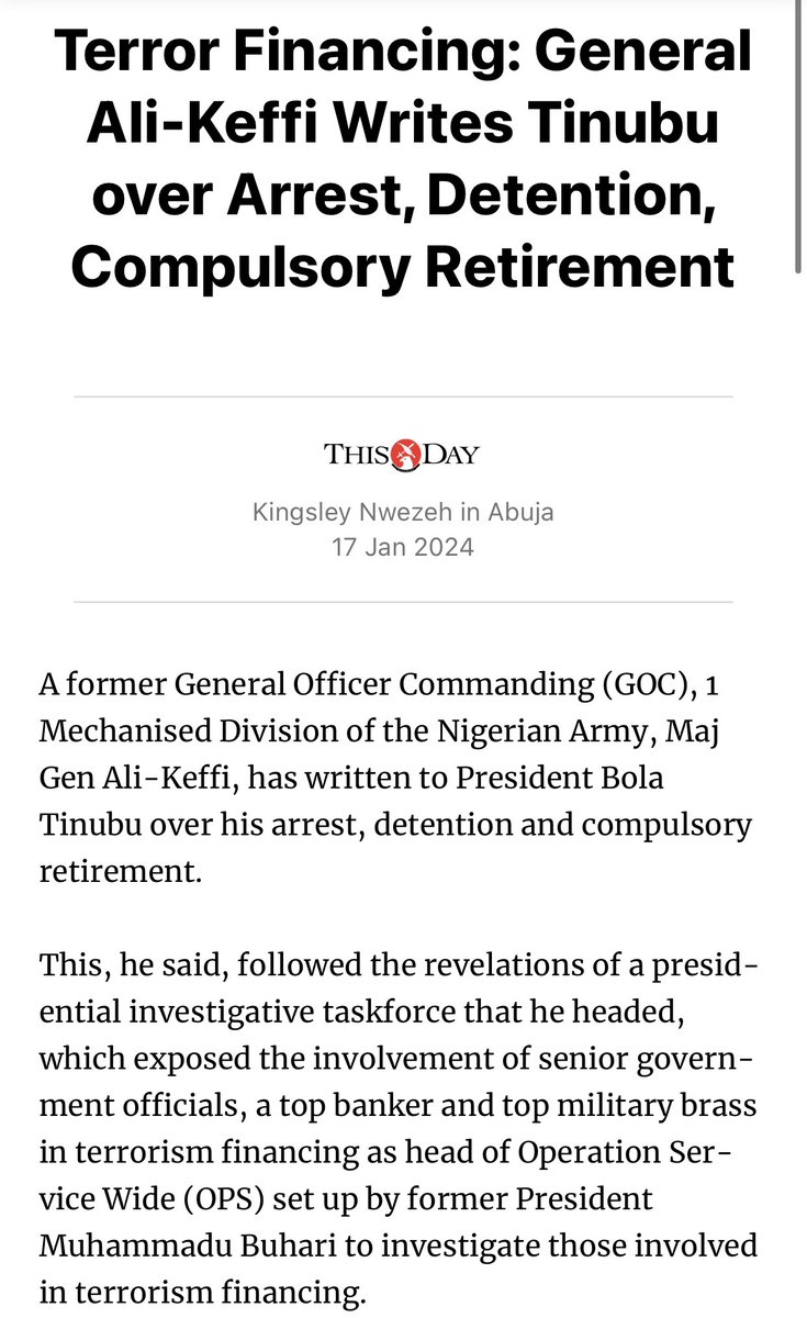 AM_Saleeeem's tweet photo. Terror Financing in the North!! Please retweet.

A whistleblower on Northern terrorism, General Ali_Keffi, writes to Tinubu about his arrest, detention, and compulsory retirement due to his undercover investigation to expose senior government officials, a top banker, and top military officers who finance terrorism in the North and Nigeria at large. The link; https://t.co/siWZALEk8m