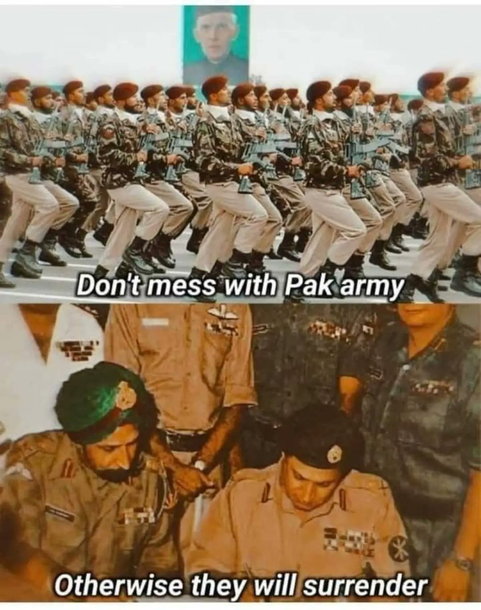 Hindusthani_1's tweet photo. If #Pakistani army surrendered there will be No fight No Damage No Casualty.

Jive... Jive Pakistan. 🤣😁

That's how you save yourselves from destructions. 

#Pakistan 
#IranAttacksPakistan #AirStrike #Iran https://t.co/OXct4jfTBj