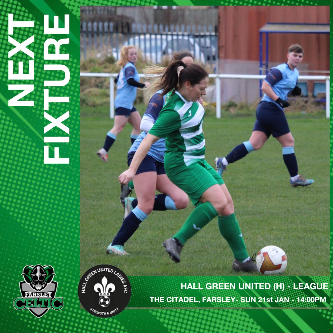 It is back to home comforts this Sunday as we host Hall Green United Ladies in League action as we continue our push for promotion! 🟢⚪️ 🆚 @HallGreenLFC 📍 The Citadel, Farsley 📆 21/01/2024 ⏰ 14:00 🏆 @wrcwfl Division 1 #CeltArmy