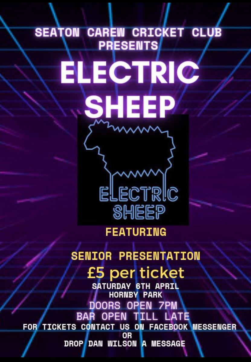 SeatonCarewCC's tweet photo. Senior presentation night tickets are now on sale.

Saturday April 6th, upstairs in the club with live music from the exceptional Electric Sheep ⚡️ 🐑 

Contact Daniel Wilson or DM us for tickets! https://t.co/fSw2YLYnYx