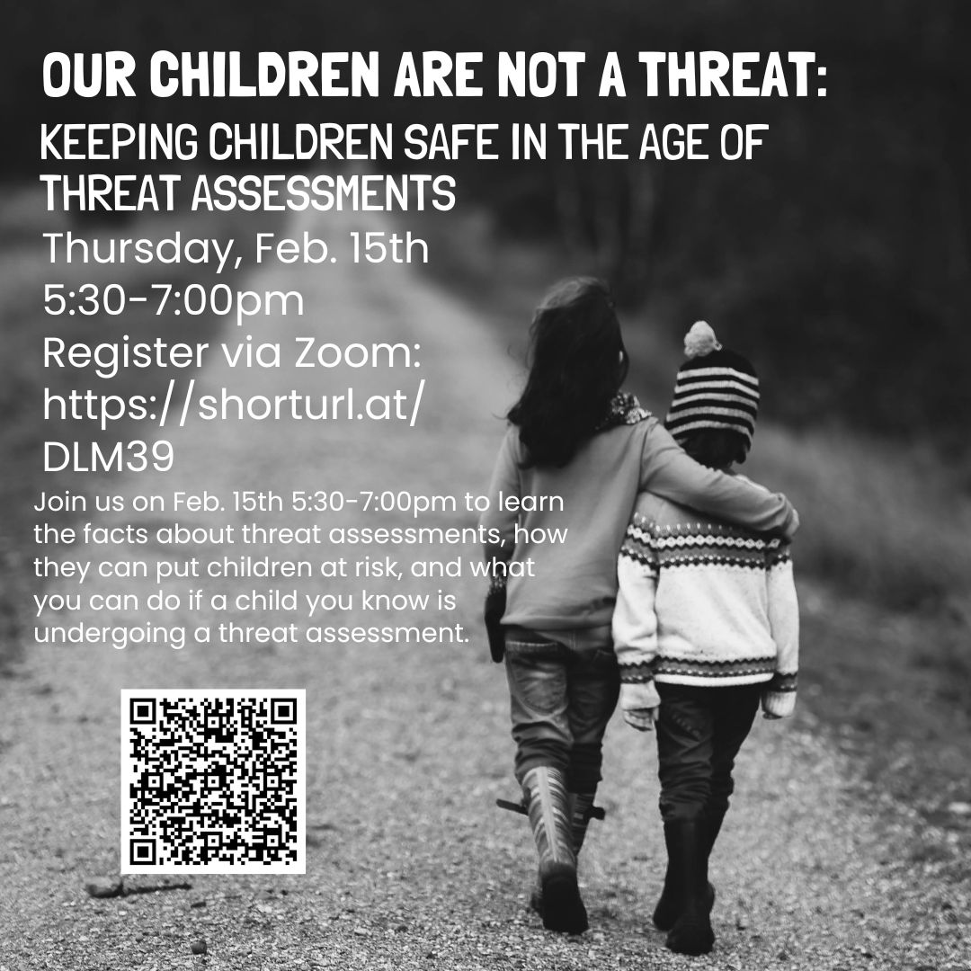 Our children are not a threat! Join us on Feb. 15th, 5:30-7:00pm to learn the facts about threat assessments, how they can put children at risk, and what you can do if a child you know is undergoing a threat assessment. Register here: us02web.zoom.us/meeting/regist… #vted #vtpoli