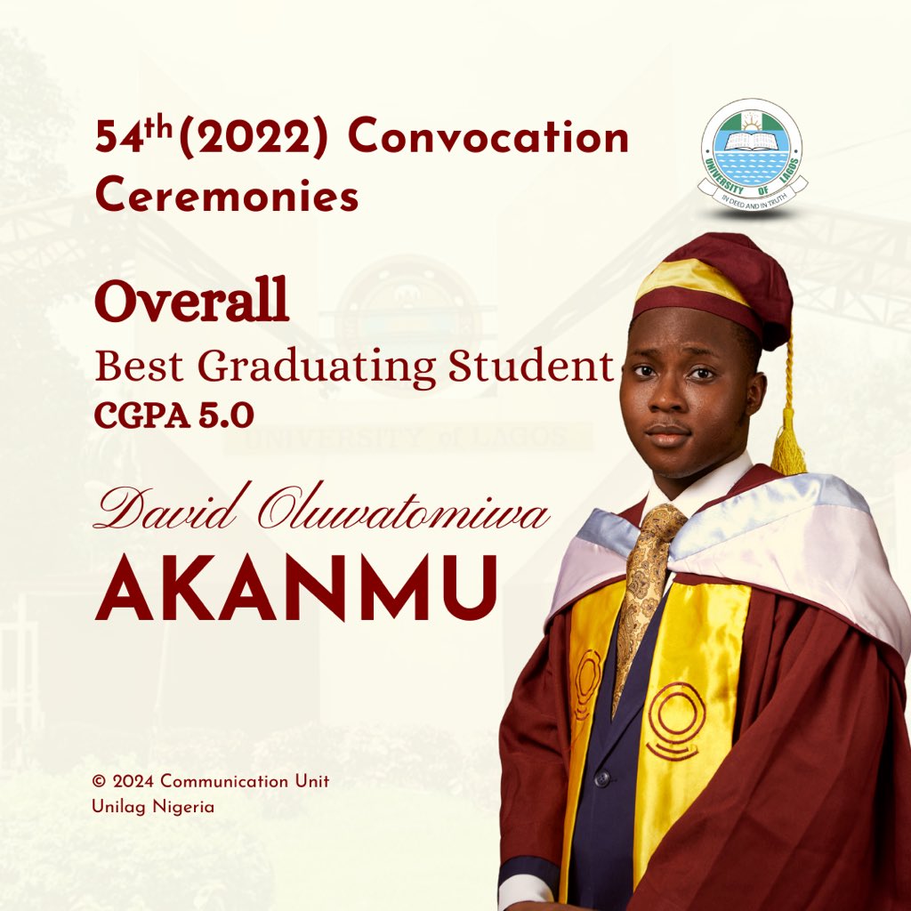 UnilagNigeria's tweet image. Looking for a handsome young graduate with a perfect figure? We’ll show you one.

Meet David Oluwatomiwa AKANMU, the overall best graduating student at the University of Lagos 54th (2022) Convocation Ceremonies, with a perfect CGPA of 5.00

We celebrate you David 🥂