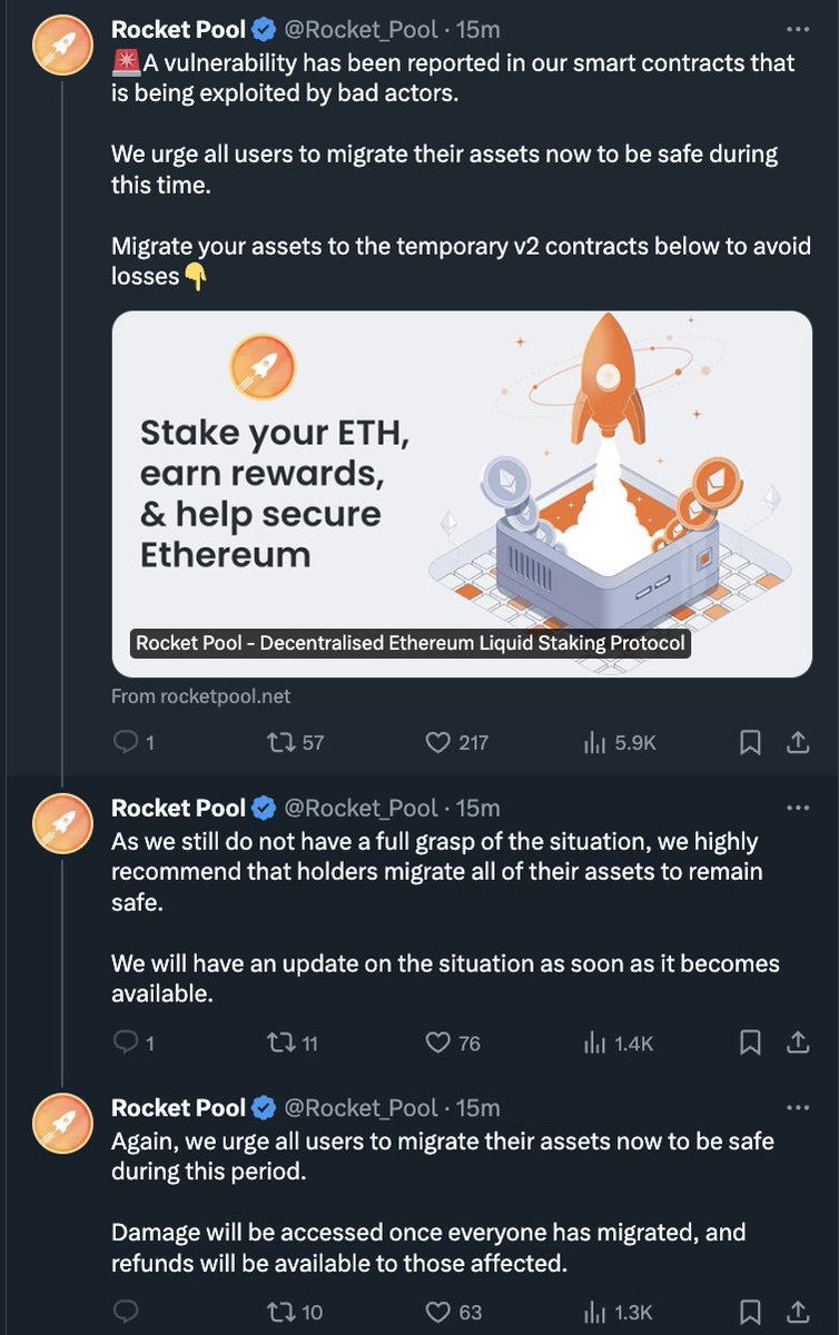 🚨 ROCKETPOOL TWITTER IS COMPROMISED 🚨 Do NOT attempt to migrate your assets if you are a rocketpool user. The link goes to a scam site - migrator-rocketpool[dot]net