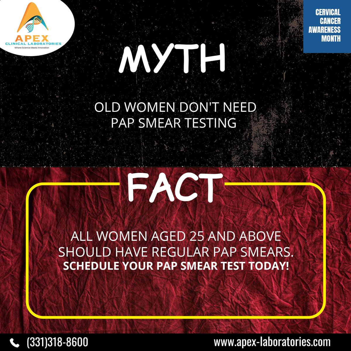 ClinicalApex's tweet photo. Don’t fall for the myth that #Papsmears are only for young women. Women aged 25 to 70 need regular Pap smears to prevent #cervicalcancer, one of the most treatable types if detected early. Book your appointment at #ApexClinicalLaboratories today. https://t.co/s51deFLqgq