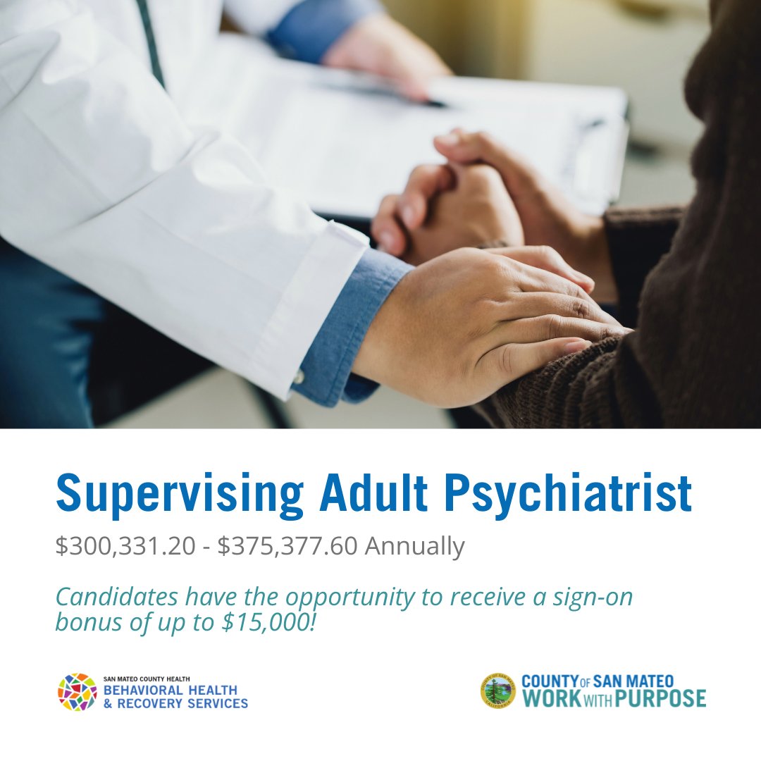 San Mateo County Behavioral Health and Recovery Services is seeking an experienced candidate to fill the role of Supervising Adult Psychiatrist.

Apply now: governmentjobs.com/careers/sanmat…

#JobOpportunity #MentalHealth #JoinOurTeam #SanMateoCounty #WorkWithPurpose