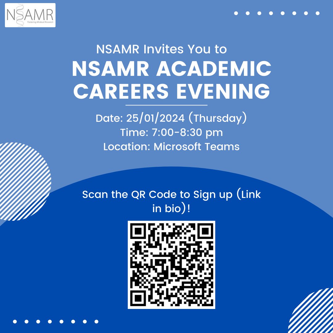 Happy new year everyone! NSAMR is hosting its annual academic careers evening with  3 brilliant speakers who will be discussing what an academic job is like at their respective level in training.

If you would be interested, please sign up!

Sign up form: forms.gle/zy3YpftrCr8Lyt…