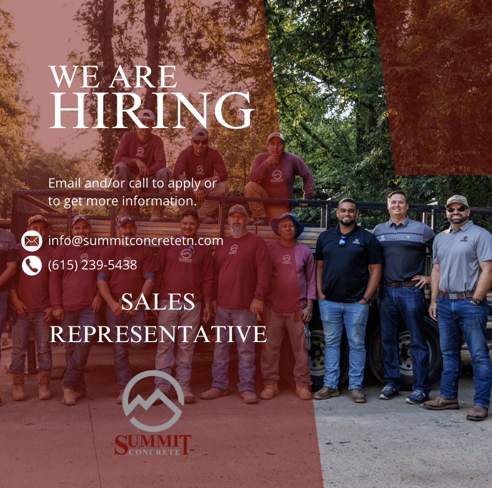 WE ARE HIRING!! We are looking to expand our Summit Concrete Team with an additional Sales Representative! Email or call to send your resume or to get more information. Info@summitconcretetn.com or (615) 239-5438 

We look forward to hearing from YOU! 

#concrete #tennessee