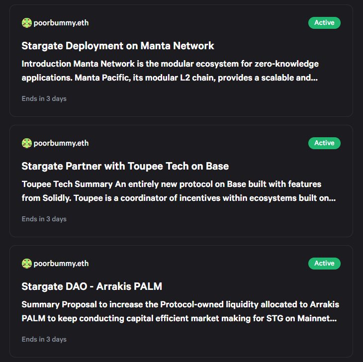MikolajTomczakX's tweet image. 🏦 Mamy dostępne 3 głosowania w ramach governance projektu @StargateFinance. 

Działamy tutaj spekulacyjnie pod #airdrop od @LayerZero_Labs.

👉 snapshot.org/#/stgdao.eth
