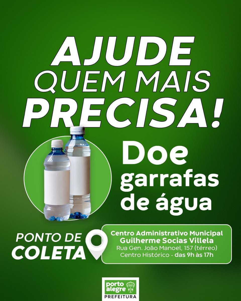 Muitas famílias atingidas pelo temporal contam com a sua solidariedade!🙏

Estamos recebendo doações exclusivamente de garrafas de água no seguinte endereço:

📍Centro Administrativo Municipal - Rua General João Manoel, 157 - Centro Histórico, das 9h às 17h.