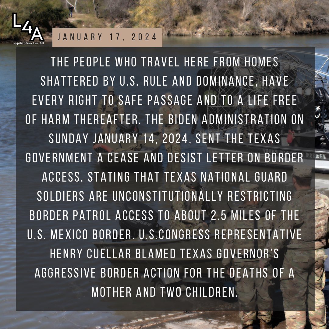 The Legalization for All network demands the immediate removal of the TX National Guard occupation of 47 acres in Eagle Pass, TX. 3 (mother and two children) drowned at the river because of Guard negligence❗️