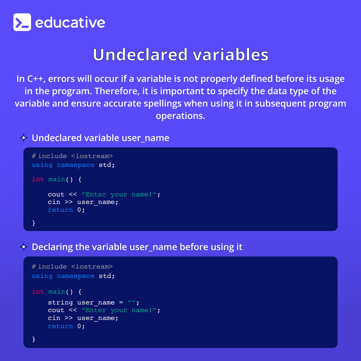 EducativeInc's tweet image. How many of these mistakes have you encountered in your coding journey?
#cpp #learntocode #codingerrors
