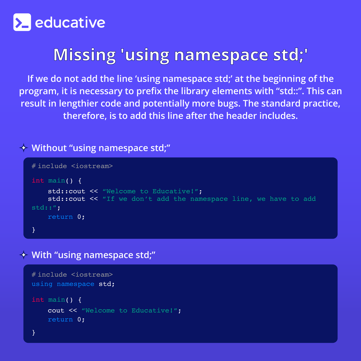 EducativeInc's tweet image. How many of these mistakes have you encountered in your coding journey?
#cpp #learntocode #codingerrors