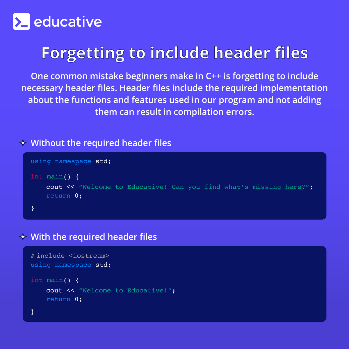 EducativeInc's tweet image. How many of these mistakes have you encountered in your coding journey?
#cpp #learntocode #codingerrors
