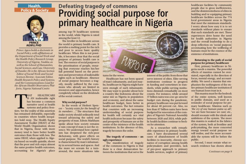 My January column with Business AM seeks a path of social purpose for primary health in Nigeria. It states how social purpose cancels ‘tragedy of commons’, where public-serving institutions retrogress for lack of elites’ interest. @Fmohnigeria @NphcdaNG businessamlive.com/defeating-trag…