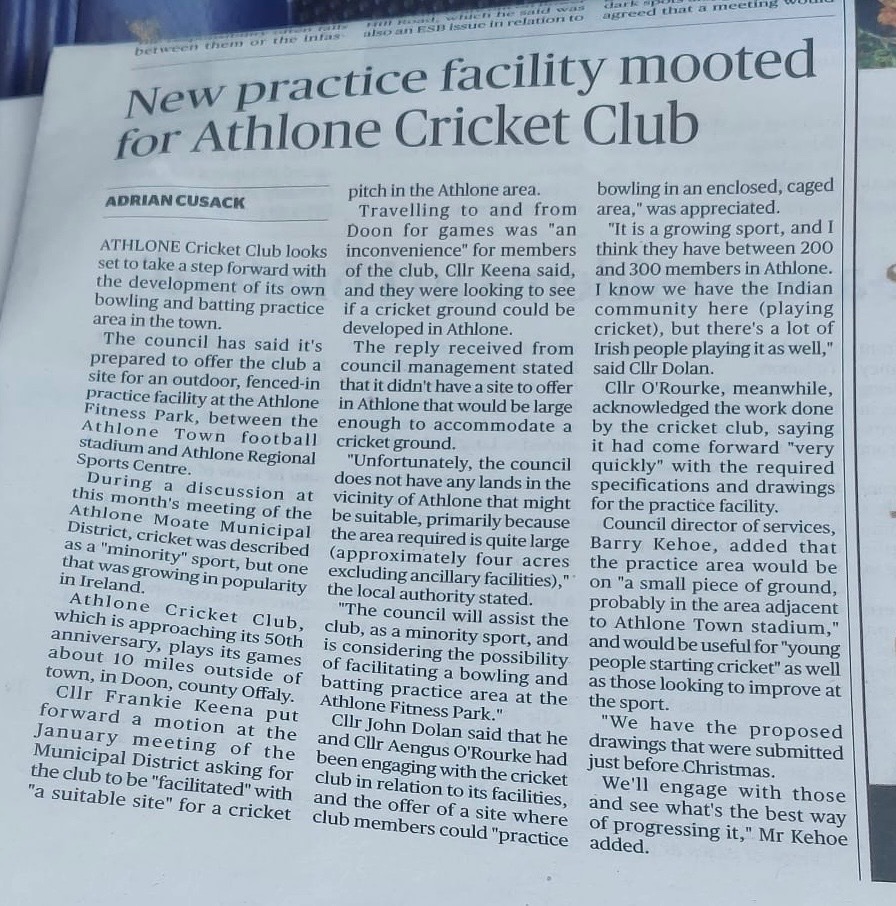 Cricket Leinster (@cricketleinster) on Twitter photo Delighted for <a href="/athlonecc1975/">Athlone Cricket Club Official</a> in securing Council support for a new cricket practice facility in the heart of Athlone town! 🏏
Thanks <a href="/westmeathcoco/">Westmeath County Council</a> <a href="/FrankieKeena/">Frankie Keena</a> <a href="/CllrAengusOrour/">Cllr Aengus O'Rourke</a>
Cllr John Dolan Delighted for <a href="/athlonecc1975/">Athlone Cricket Club Official</a> in securing Council support for a new cricket practice facility in the heart of Athlone town! 🏏
Thanks <a href="/westmeathcoco/">Westmeath County Council</a> <a href="/FrankieKeena/">Frankie Keena</a> <a href="/CllrAengusOrour/">Cllr Aengus O'Rourke</a>
Cllr John Dolan