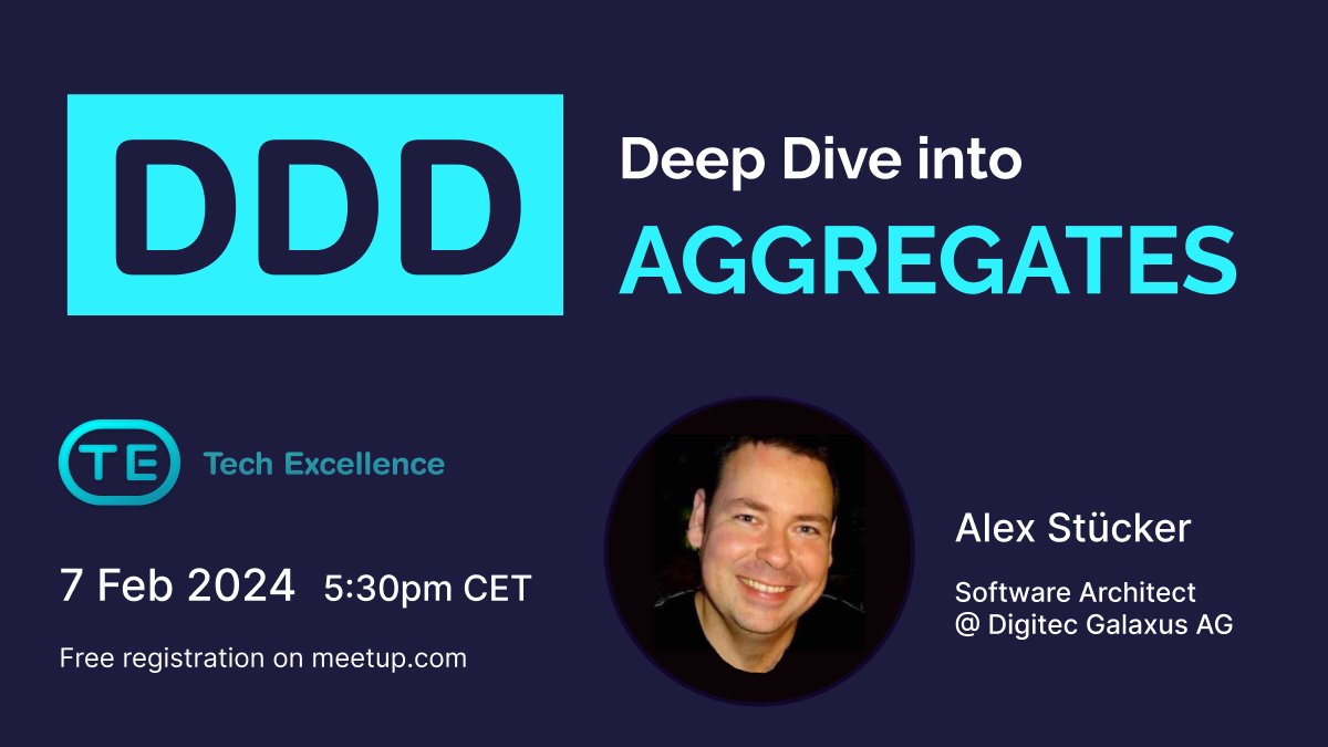 On Feb 7, Alex Stücker will present: DDD - Deep Dive into Aggregates. Register here meetup.com/techexcellence… Thanks to @ValentinaCupac, @dmokafa, Oliver Zihler and @AlinaLiburkina for organizing the event.

#ddd #domaindrivendesign #softwaredesign #techexcellence