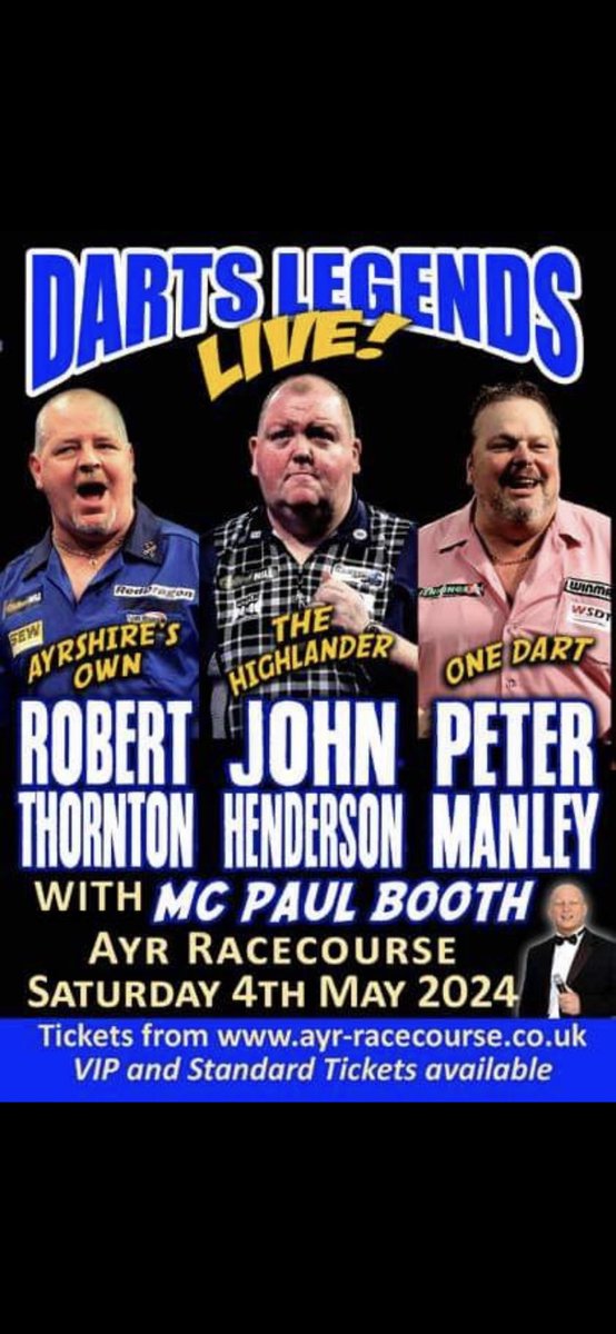 Darts Legends Live @ayrracecourse Saturday May 4th Hosted By @PaulBoothMC @hendo180 @onedart180 @TheThorn180 @ModusDarts180 Please RT 🎯