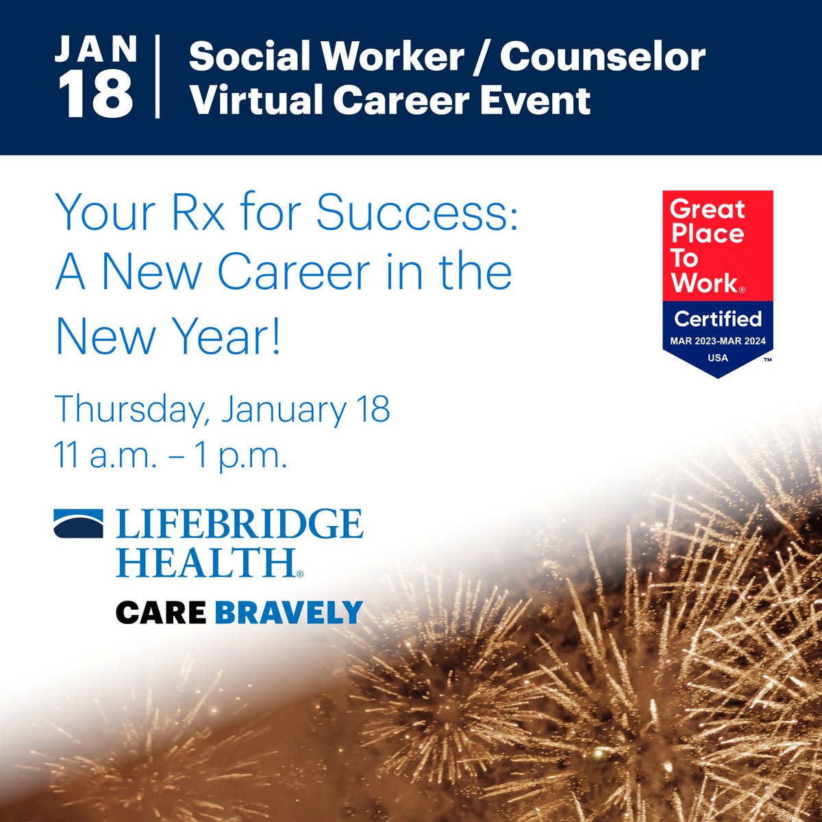 📣📣Upcoming hiring event

📍@LifeBridgeHealth is hosting a virtual career event for social work and counseling positions
⏰this Thursday, Jan. 18 from 11 a.m. - 1 p.m.

📱Learn more and register here: app.brazenconnect.com/events/Jn3oO

#Maryland #jobs #Marylandjobs #socialwork #counselors