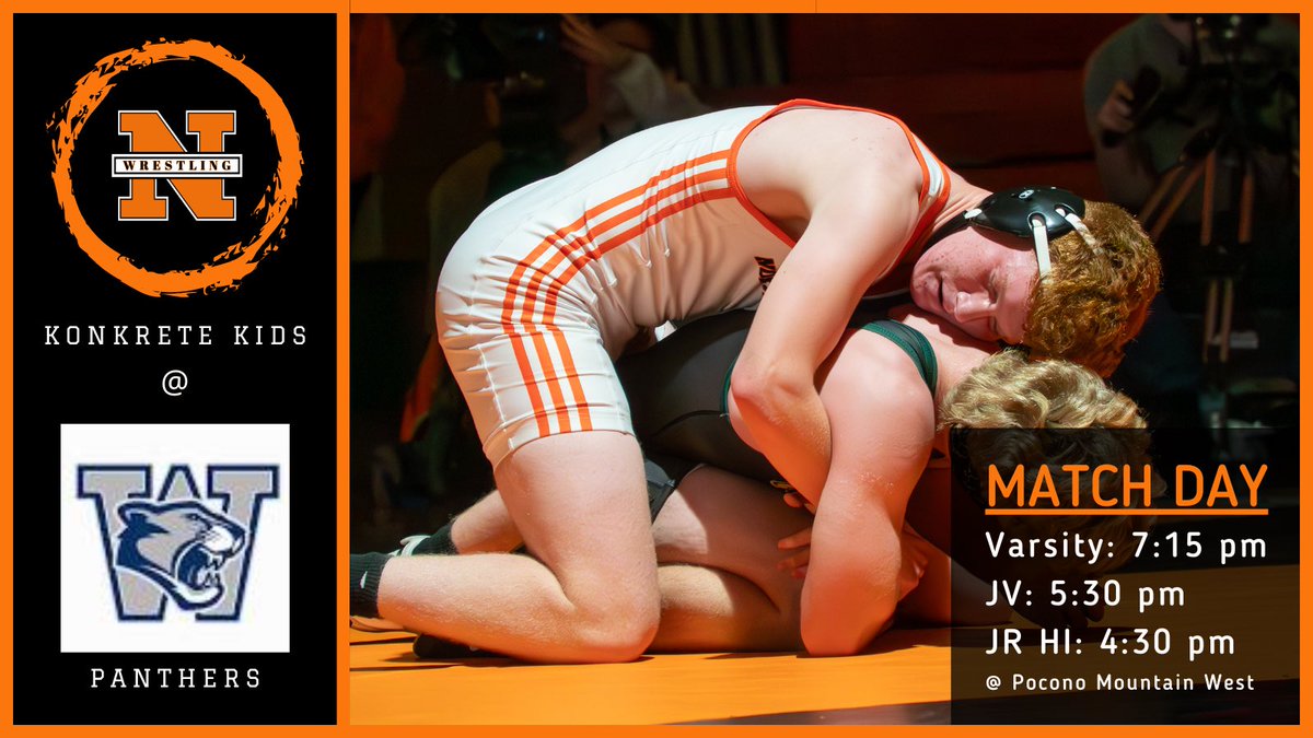 KKidWrestling's tweet photo. 🚨Match Day!🚨

🔥Come cheer on the Konkrete Kids as we travel to Pocono Mountain West to take on the Panthers!🔥

4:30 pm - Jr Hi Boys
5:30 pm - JV Boys 
6:15 pm - Varsity Girls
7:15 pm - Varsity Boys 

⚫️🟠 LETS GO K-KIDS!!! ⚫️🟠 https://t.co/sSMrUoIHTm