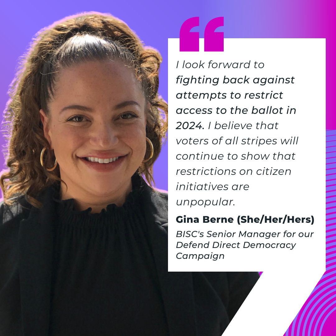 BallotStrategy's tweet image. For our 2024 Staff Spotlight Series, we asked BISC staff what they're most excited about for 2024! 🤩

Gina Berne said that she's "looking forward to fighting back against attempts to restrict access to the ballot in 2024." 

#DefendDirectDemocracy