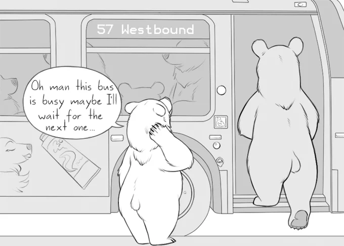 I love transit🐻🚌  but when it's crowded it's hard not to feel anxious squeezed up like sardines next to strangers! I have walked many hours to avoid this xD #OldBearComics #TheBearMinimum