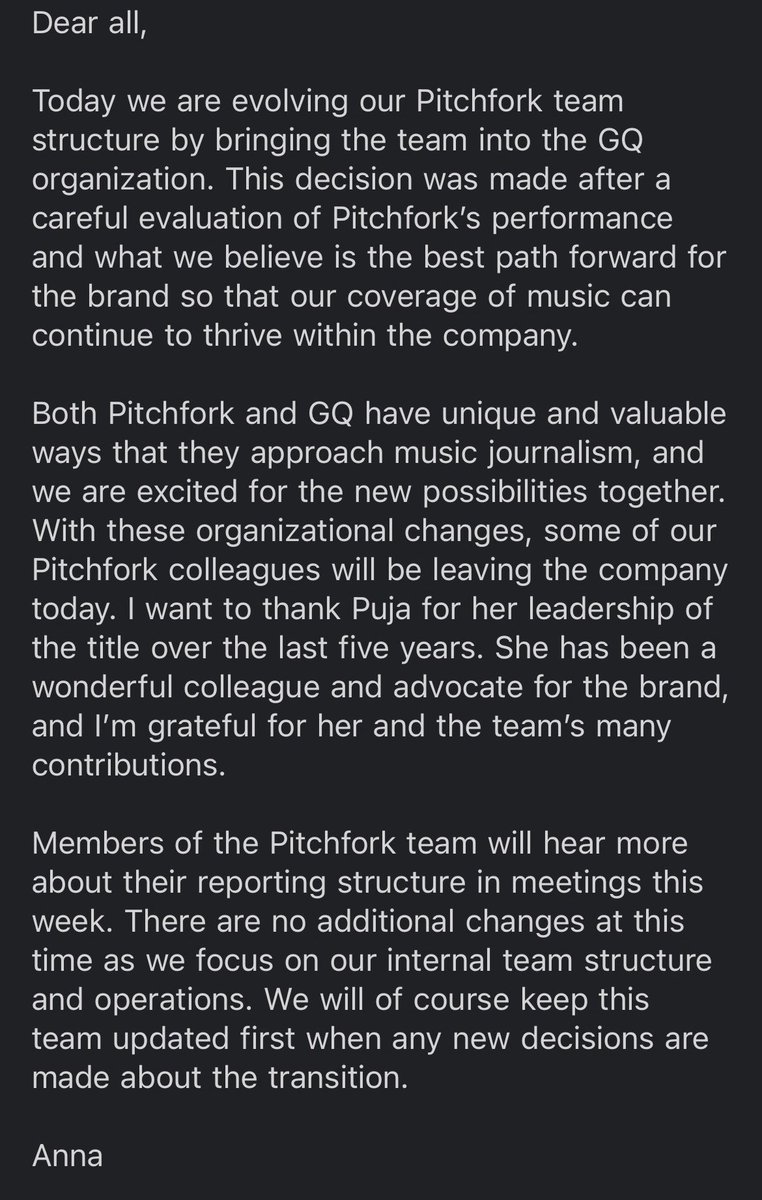 News: In a note to staff, Condé Nast announces that Pitchfork is being moved under GQ.