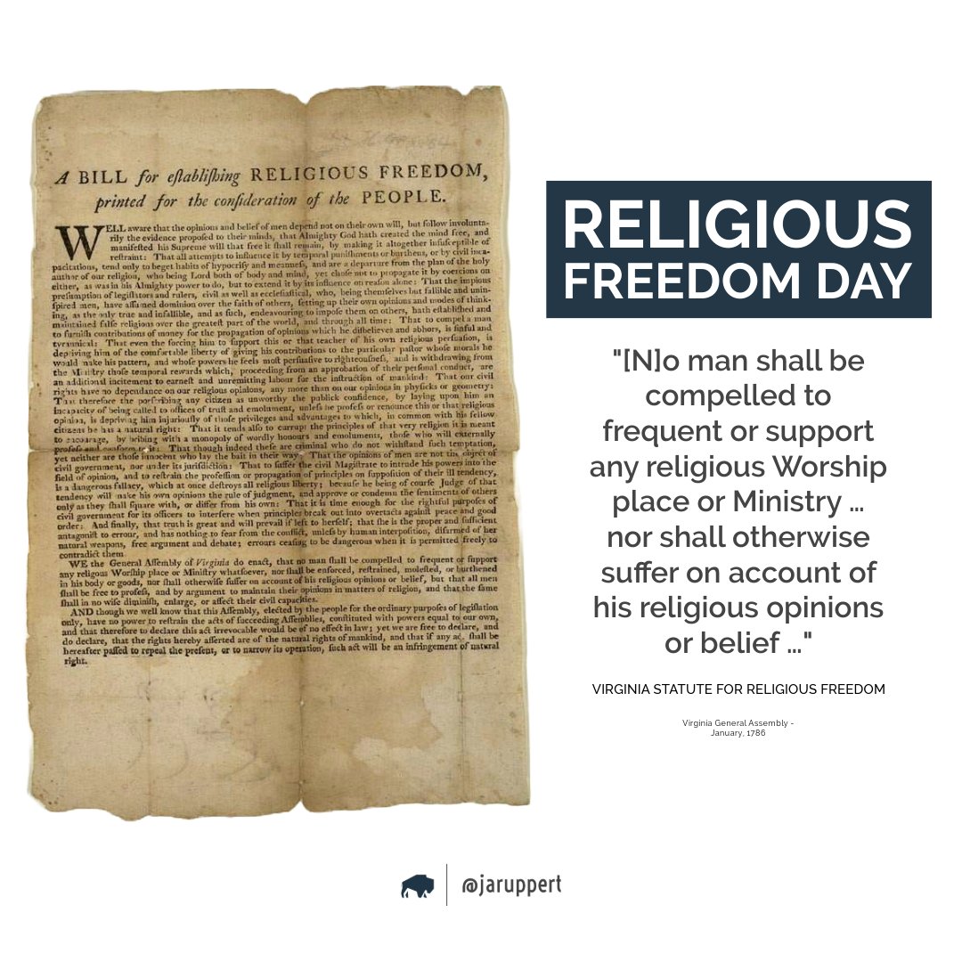 jaruppert's tweet photo. Today is Religious Freedom Day, marking the adoption of Thomas Jefferson's Virginia Statute for Religious Freedom on Jan 16-19, 1786. This pivotal statute, championed by James Madison, is a reminder that our nation values the separation of church and state. #ReligiousFreedomDay https://t.co/LR7YfpYjBN