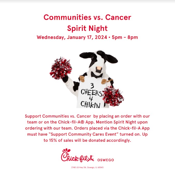 YHSAthletics115's tweet photo. Community vs. Cancer Event Tonight! We hope to see LOTS of Foxes in the "hen house", aka the Oswego Chick-fil-A , this evening from 5:00 p.m. - 8:00 p.m. Thanks for "eating more chicken" to help fight pediatric cancer! Go Foxes! https://t.co/OZj5qWK9TI