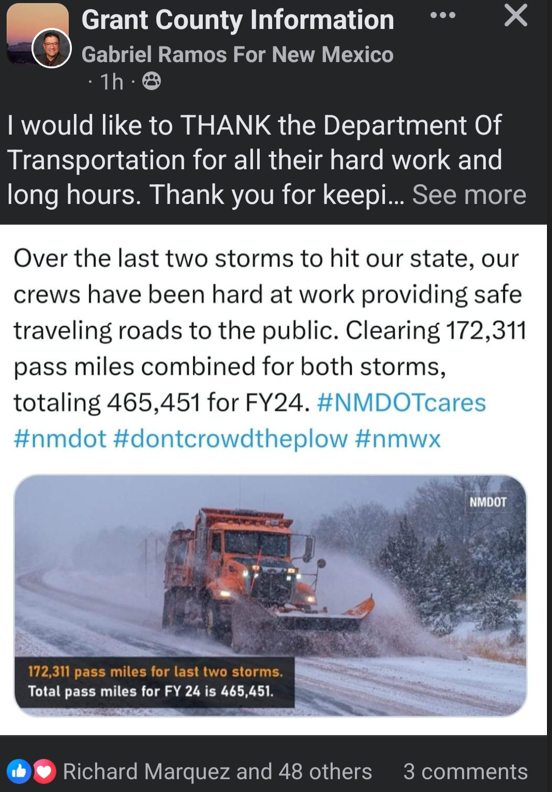 Thank you for the kudos, Grant County! Our NMDOT crews take pride in the work they do, working long hours to provide safe roads for the traveling public. #NMDOTcares #nmdot #nmwx